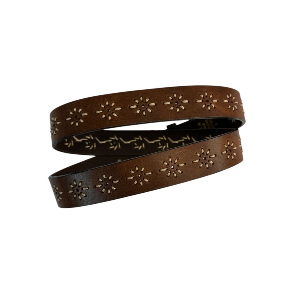 Leather Embroidered Belt L 42.5” Brown Boho Western Floral Cutout Rustic - Picture 3 of 4